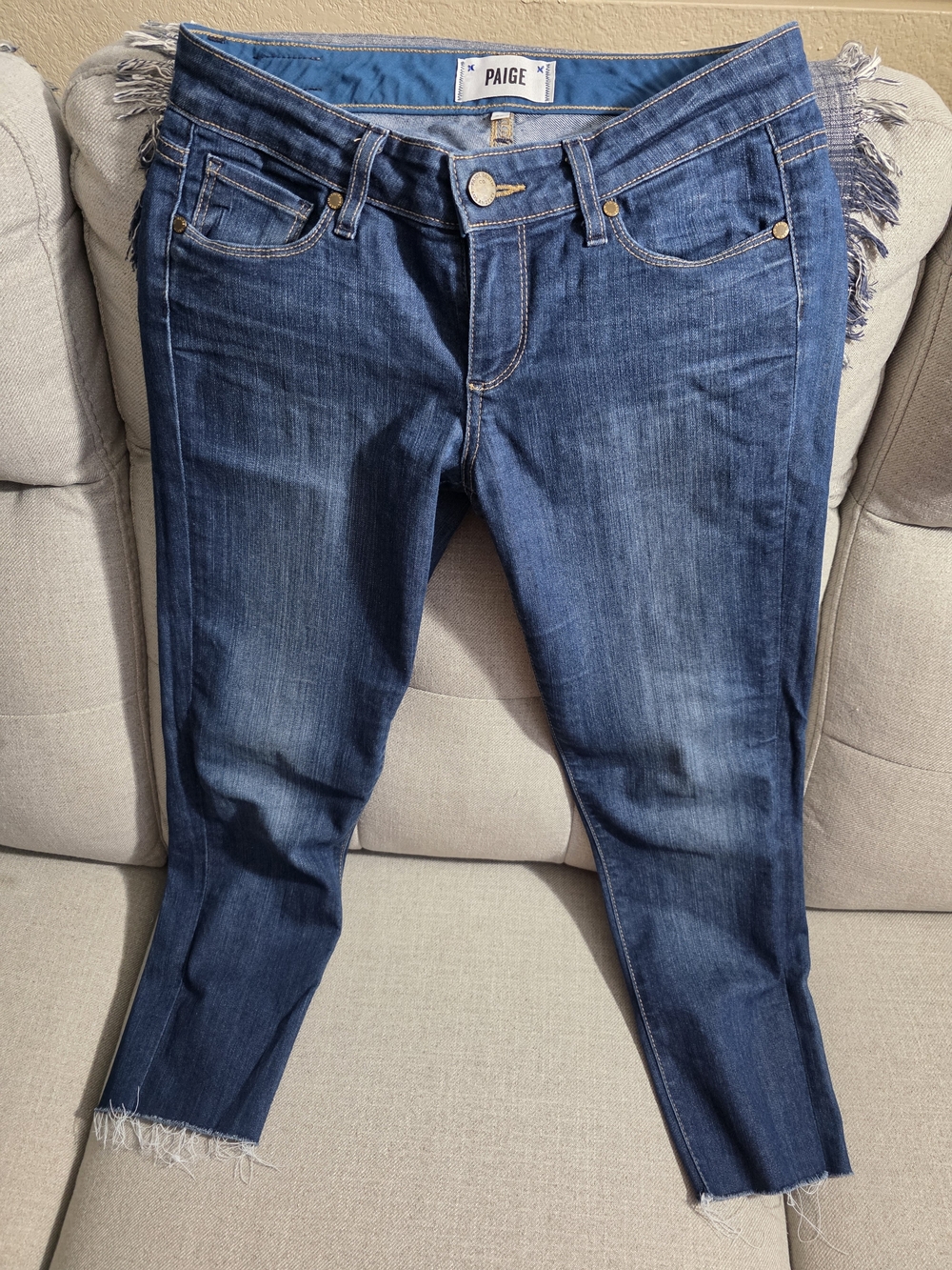 PAIGE Dark Indigo Cropped Slim Jeans with Frayed Ankles